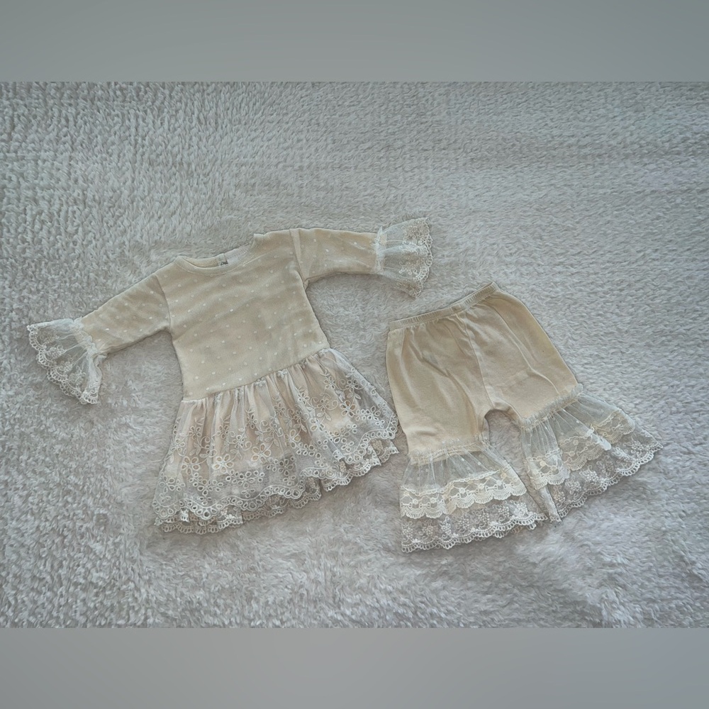 (0-3M) Haute Baby Cream Lace Baby Dress and Pants Set